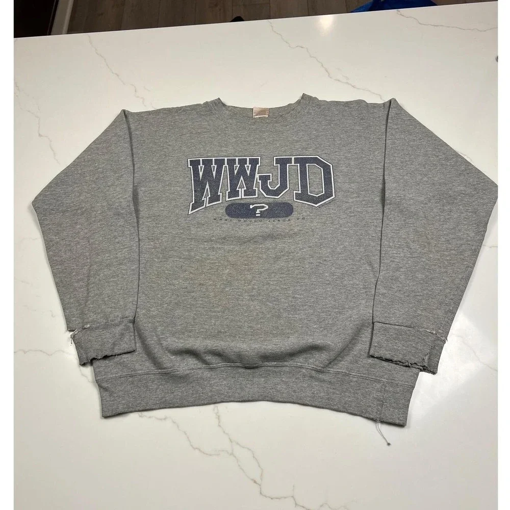90s WWJD Sweatshirt Mens Large Vintage 1997 Gray Distressed Pullover